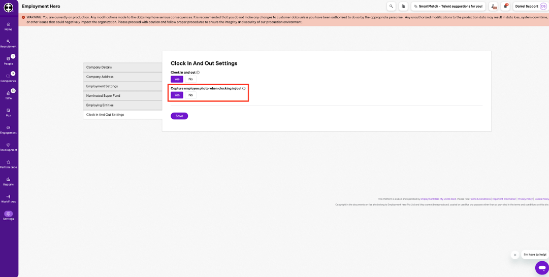 Capture employee photo feature in HR Clock In/Out 